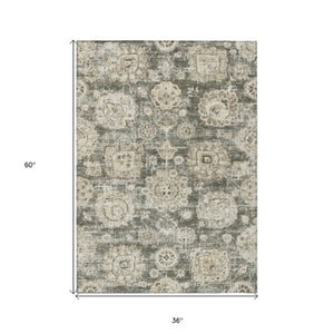 Homeroots 3' Artichoke Green Floral Washable Area Rug - Ideal For Indoor & Outdoor Spaces, Stain Resistant Design 3' X 5' Polyester 579481