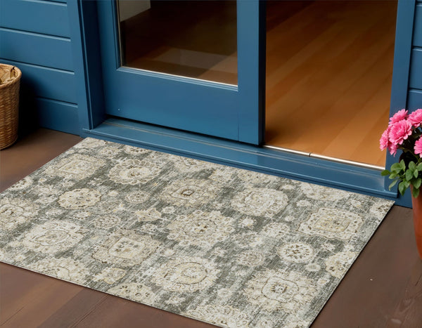 Homeroots 3' Artichoke Green Floral Washable Area Rug - Ideal For Indoor & Outdoor Spaces, Stain Resistant Design 3' X 5' Polyester 579481