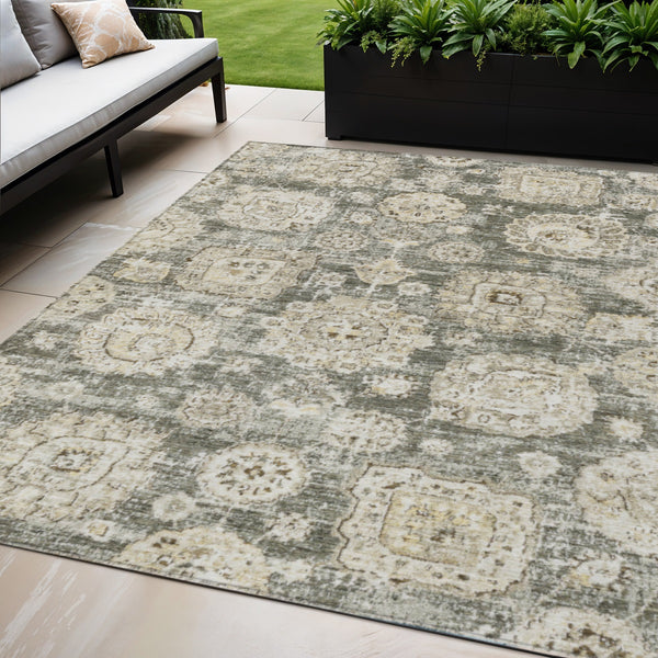 Homeroots 3' Artichoke Green Floral Washable Area Rug - Ideal For Indoor & Outdoor Spaces, Stain Resistant Design 5' X 8' Polyester 579482