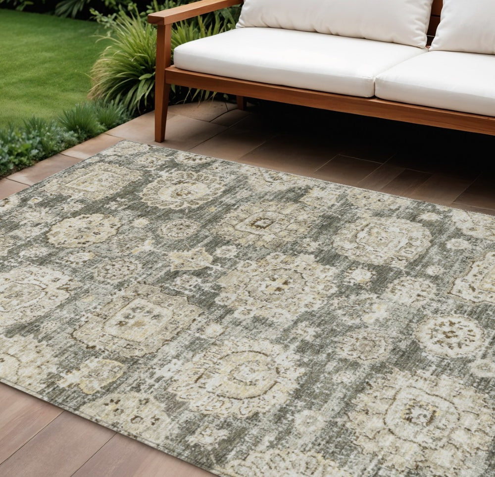 HomeRoots 9' Elegant Taupe-Beige and Gray Floral Area Rug - Durable, Washable Design for Indoor and Outdoor Use 9' X 12' 579485