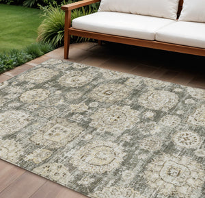 Homeroots 3' Artichoke Green Floral Washable Area Rug - Ideal For Indoor & Outdoor Spaces, Stain Resistant Design 10' X 14' Polyester 579486
