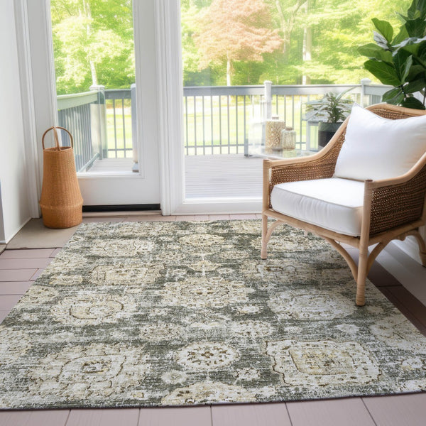 Homeroots 3' Artichoke Green Floral Washable Area Rug - Ideal For Indoor & Outdoor Spaces, Stain Resistant Design 10' X 14' Polyester 579486