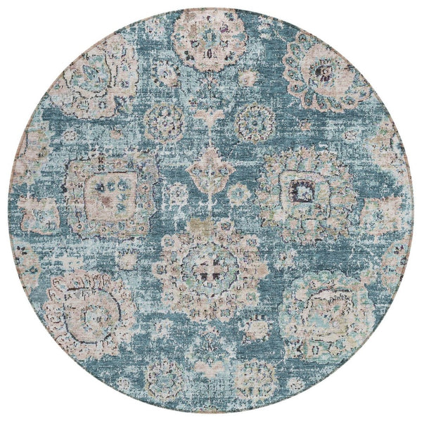 HomeRoots 5' Vibrant Teal Blue Floral Area Rug – Durable, Washable Design for Indoor & Outdoor Spaces 8' Round 579489