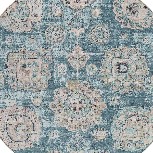 Homeroots 3' Artichoke Green Floral Washable Area Rug - Ideal For Indoor & Outdoor Spaces, Stain Resistant Design 8' Round Polyester 579489