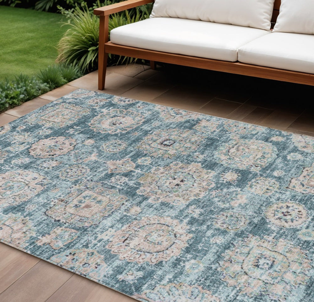 HomeRoots 5' Vibrant Teal Blue Floral Area Rug – Durable, Washable Design for Indoor & Outdoor Spaces 10' X 14' 579492
