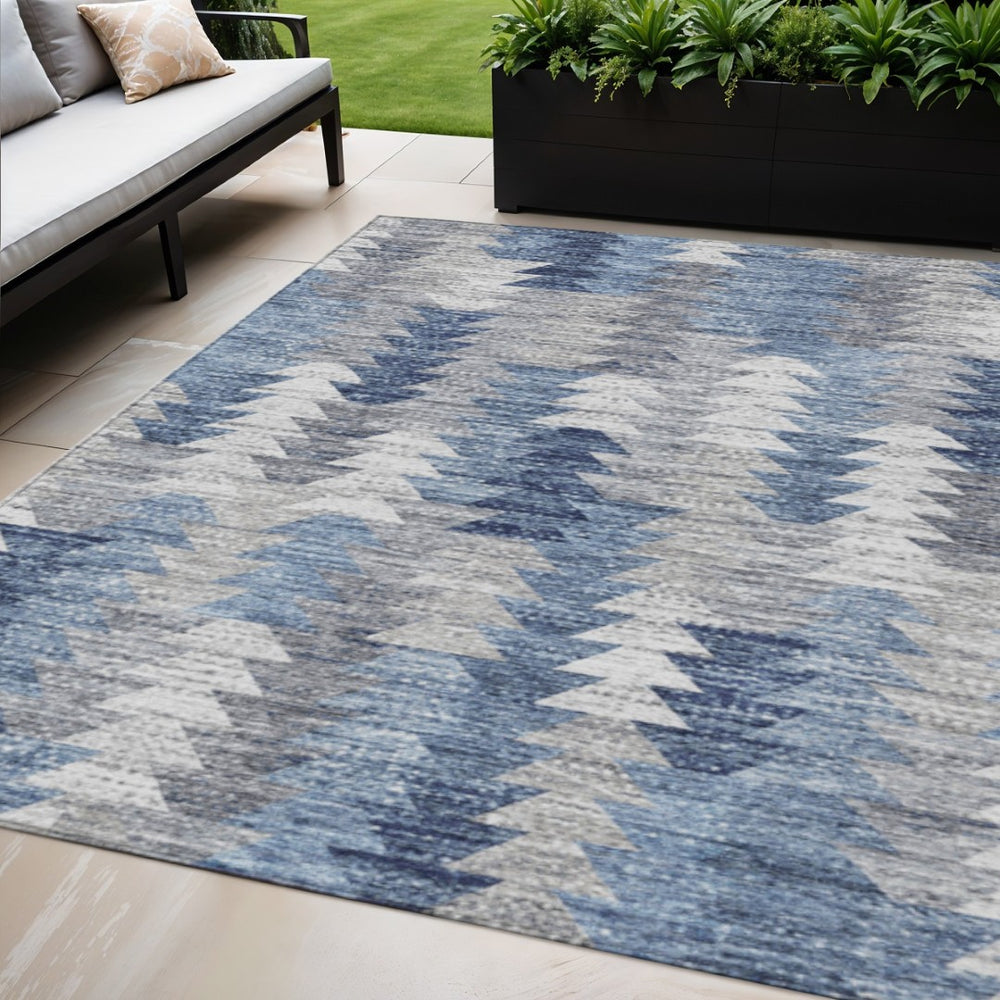HomeRoots 5' Navy Blue and Sky Blue Geometric Area Rug - Durable, Washable, Modern Design for Indoor/Outdoor Use 5' X 8' 579494