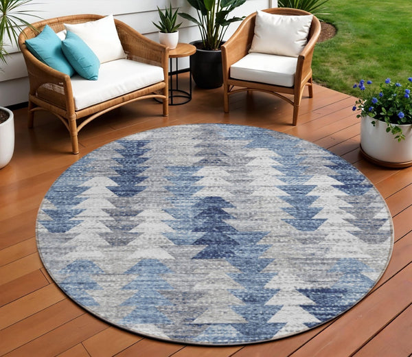 HomeRoots 5' Navy Blue and Sky Blue Geometric Area Rug - Durable, Washable, Modern Design for Indoor/Outdoor Use 8' Round 579495