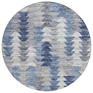 HomeRoots 5' Navy Blue and Sky Blue Geometric Area Rug - Durable, Washable, Modern Design for Indoor/Outdoor Use 8' Round 579495