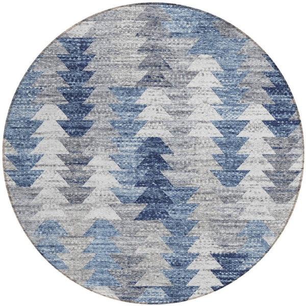 HomeRoots 5' Navy Blue and Sky Blue Geometric Area Rug - Durable, Washable, Modern Design for Indoor/Outdoor Use 8' Round 579495