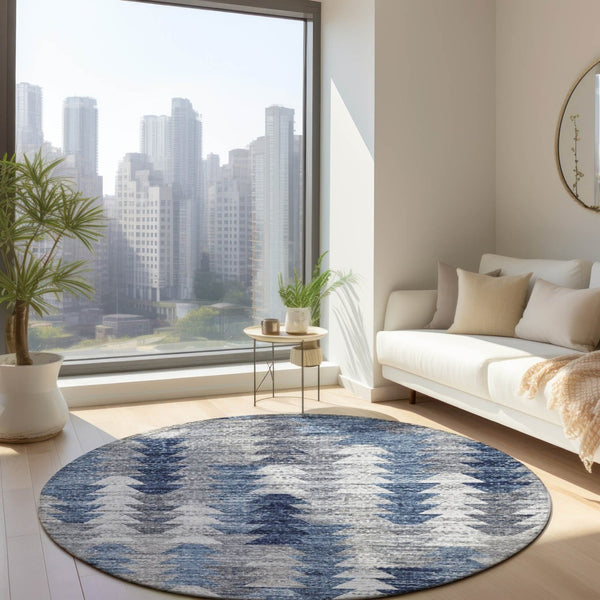 HomeRoots 5' Navy Blue and Sky Blue Geometric Area Rug - Durable, Washable, Modern Design for Indoor/Outdoor Use 8' Round 579495