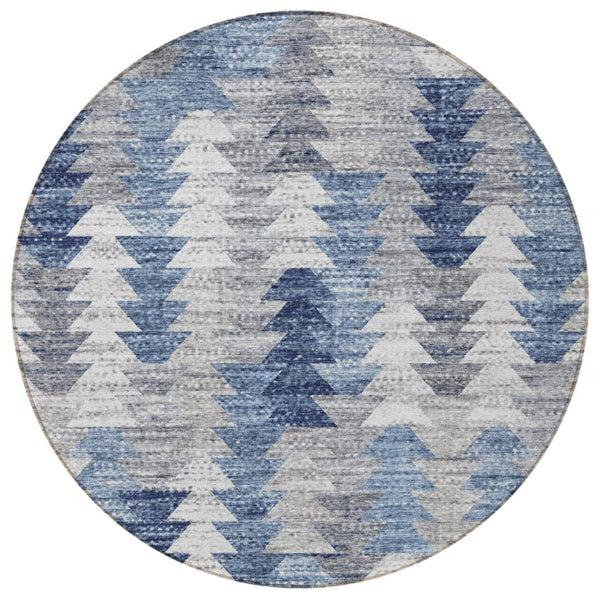 HomeRoots 5' Navy Blue and Sky Blue Geometric Area Rug - Durable, Washable, Modern Design for Indoor/Outdoor Use 8' Round 579495
