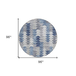 HomeRoots 5' Navy Blue and Sky Blue Geometric Area Rug - Durable, Washable, Modern Design for Indoor/Outdoor Use 8' Round 579495