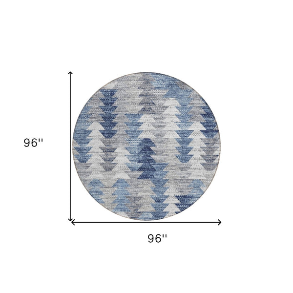 HomeRoots 5' Navy Blue and Sky Blue Geometric Area Rug - Durable, Washable, Modern Design for Indoor/Outdoor Use 8' Round 579495