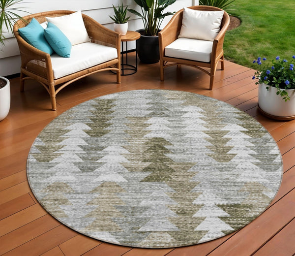 HomeRoots 5' Modern Geometric Washable Area Rug in Brown, Beige, and Gray for Indoor & Outdoor Spaces 8' Round 579501