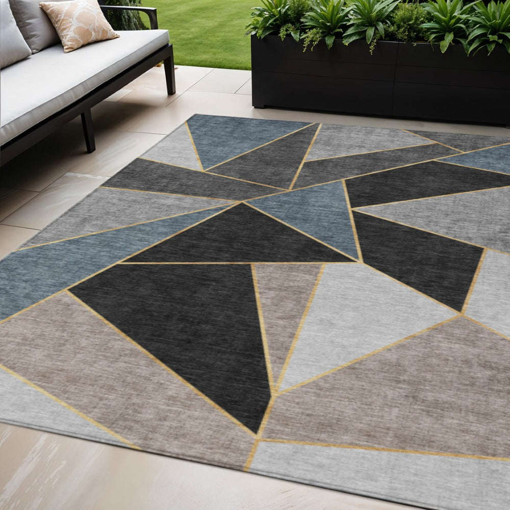 HomeRoots 5' Modern Blue Charcoal and Gray Geometric Area Rug - Durable, Washable Indoor Outdoor Design 5' X 8' 579536