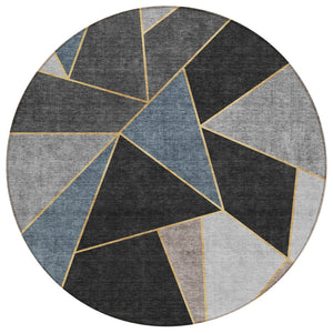 HomeRoots 5' Modern Blue Charcoal and Gray Geometric Area Rug - Durable, Washable Indoor Outdoor Design 8' Round 579537