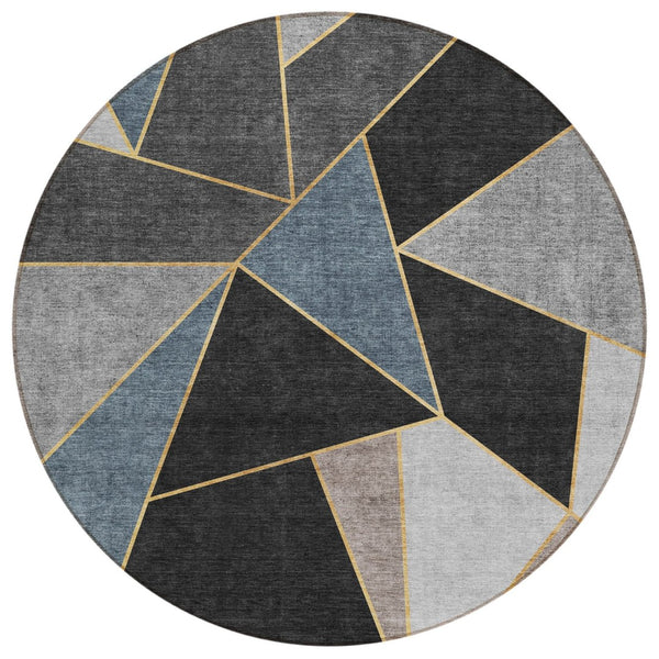 HomeRoots 5' Modern Blue Charcoal and Gray Geometric Area Rug - Durable, Washable Indoor Outdoor Design 8' Round 579537