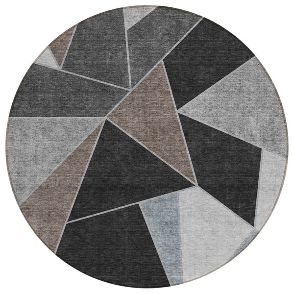 HomeRoots 5' Chocolate Gray and Charcoal Geometric Area Rug – Stylish, Durable, Washable for Indoor & Outdoor Use 8' Round 579549