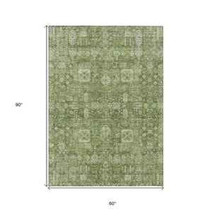 Homeroots 3' Artichoke Green & Ivory Oriental Washable Area Rug - Durable Indoor/Outdoor Design For Every Space 5' X 8' Polyester 579590