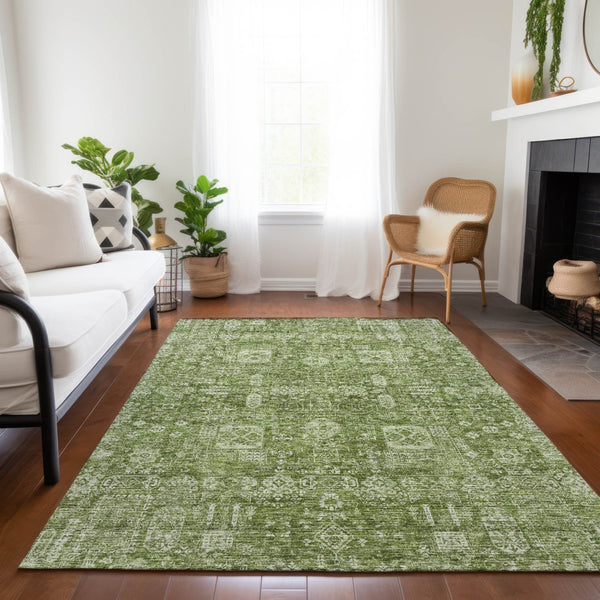 Homeroots 3' Artichoke Green & Ivory Oriental Washable Area Rug - Durable Indoor/Outdoor Design For Every Space 5' X 8' Polyester 579590