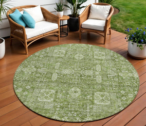 Homeroots 3' Artichoke Green & Ivory Oriental Washable Area Rug - Durable Indoor/Outdoor Design For Every Space 8' Round Polyester 579591