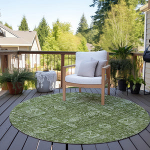 Homeroots 3' Artichoke Green & Ivory Oriental Washable Area Rug - Durable Indoor/Outdoor Design For Every Space 8' Round Polyester 579591