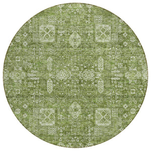 HomeRoots 5' Artichoke Green Ivory Oriental Washable Rug – Durable, Stain-Resistant for Indoor & Outdoor Use 8' Round 579591