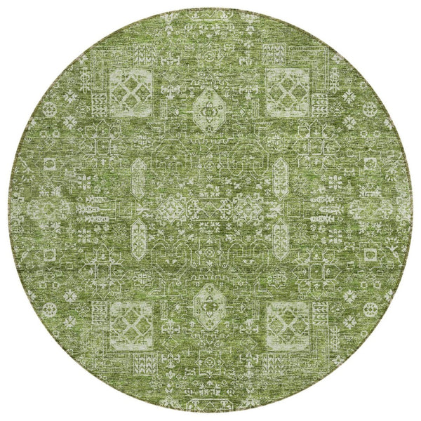 HomeRoots 5' Artichoke Green Ivory Oriental Washable Rug – Durable, Stain-Resistant for Indoor & Outdoor Use 8' Round 579591