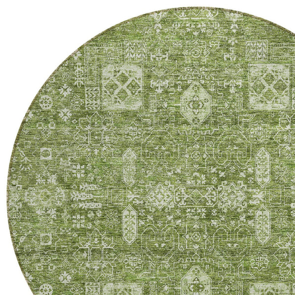 Homeroots 3' Artichoke Green & Ivory Oriental Washable Area Rug - Durable Indoor/Outdoor Design For Every Space 8' Round Polyester 579591