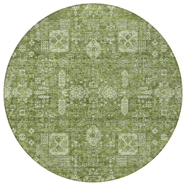 Homeroots 3' Artichoke Green & Ivory Oriental Washable Area Rug - Durable Indoor/Outdoor Design For Every Space 8' Round Polyester 579591