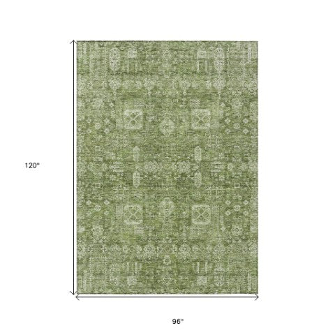Homeroots 3' Artichoke Green & Ivory Oriental Washable Area Rug - Durable Indoor/Outdoor Design For Every Space 8' X 10' Polyester 579592