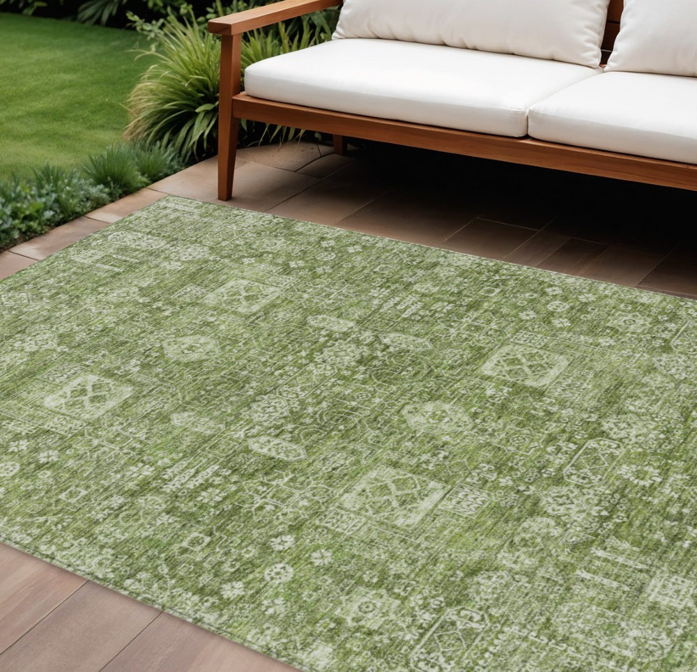 HomeRoots 9' Artichoke Green and Ivory Oriental Area Rug - Durable, Washable, Elegant Design for Indoors & Outdoors 9' X 12' 579593