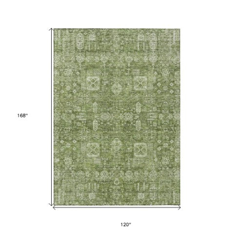 Homeroots 3' Artichoke Green & Ivory Oriental Washable Area Rug - Durable Indoor/Outdoor Design For Every Space 10' X 14' Polyester 579594