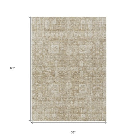 Homeroots 3' Artichoke Green & Ivory Oriental Washable Area Rug - Durable Indoor/Outdoor Design For Every Space 3' X 5' Polyester 579595
