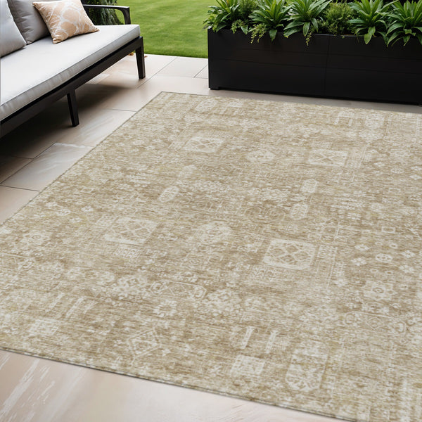 Homeroots 3' Artichoke Green & Ivory Oriental Washable Area Rug - Durable Indoor/Outdoor Design For Every Space 5' X 8' Polyester 579596