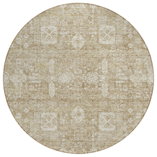 HomeRoots 5' Elegant Beige Tan and Ivory Oriental Area Rug for Indoor and Outdoor Durability and Style 8' Round 579597