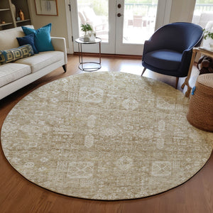 Homeroots 3' Artichoke Green & Ivory Oriental Washable Area Rug - Durable Indoor/Outdoor Design For Every Space 8' Round Polyester 579597