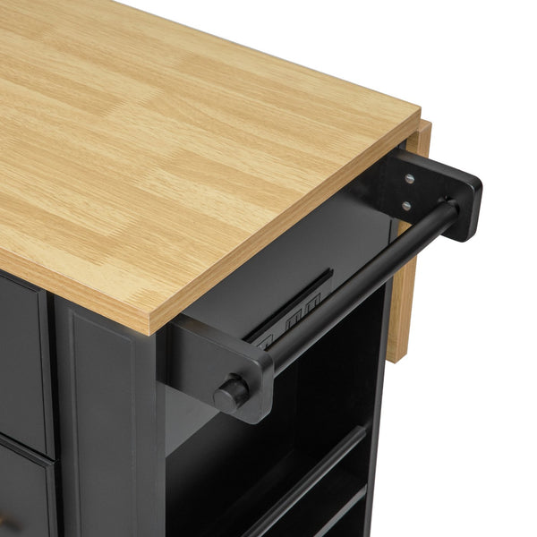 English Elm K&K Rustic Kitchen Island Cart with 6 Drawers, Pull-Out Trash Cabinet, Drop Leaf & Built-In Charging Station Black N707P307292B