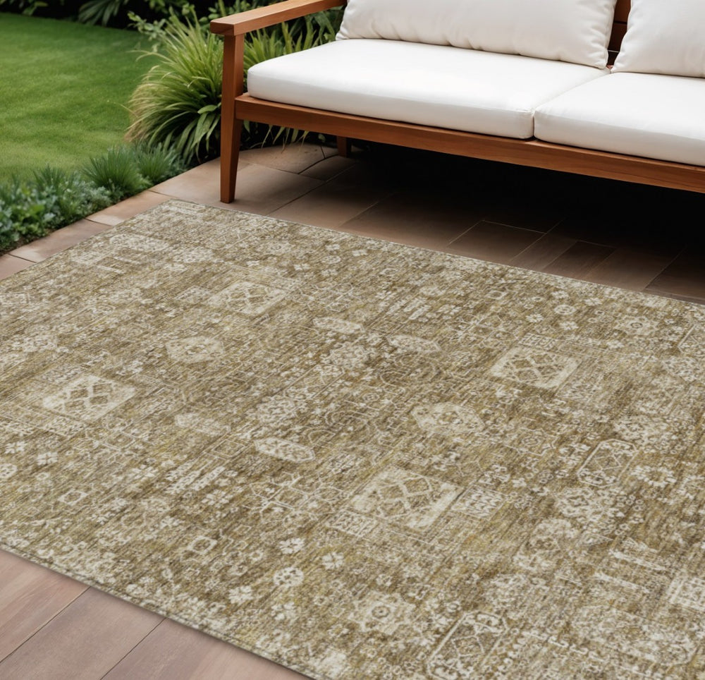 HomeRoots 5' Stylish Brown Beige and Ivory Oriental Area Rug for Indoor Outdoor Spaces - Durable & Washable 10' X 14' 579606