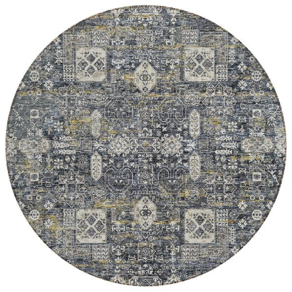 HomeRoots 5' Charcoal Gray and Ivory Oriental Washable Area Rug for Indoor and Outdoor Versatile Spaces 8' Round 579609