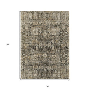 Homeroots 3' Artichoke Green & Ivory Oriental Washable Area Rug - Durable Indoor/Outdoor Design For Every Space 3' X 5' Polyester 579613