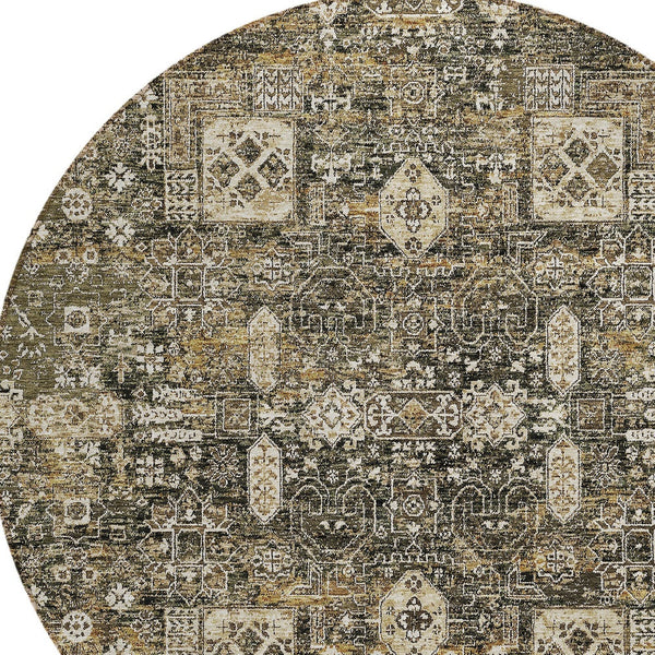 Homeroots 3' Artichoke Green & Ivory Oriental Washable Area Rug - Durable Indoor/Outdoor Design For Every Space 8' Round Polyester 579615