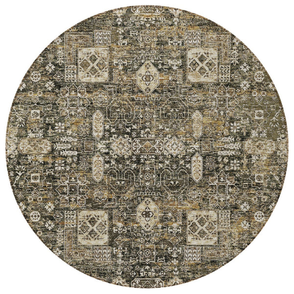 Homeroots 3' Artichoke Green & Ivory Oriental Washable Area Rug - Durable Indoor/Outdoor Design For Every Space 8' Round Polyester 579615