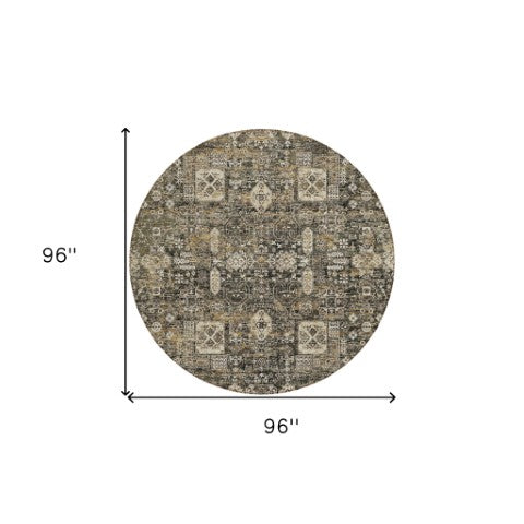Homeroots 3' Artichoke Green & Ivory Oriental Washable Area Rug - Durable Indoor/Outdoor Design For Every Space 8' Round Polyester 579615