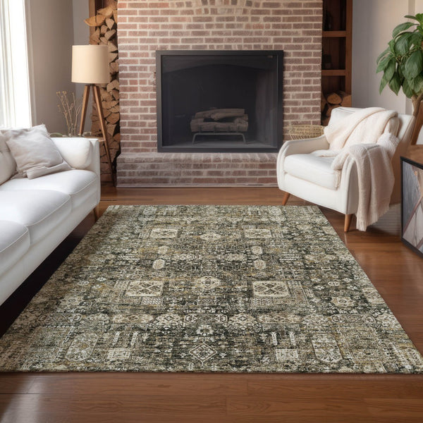 Homeroots 3' Artichoke Green & Ivory Oriental Washable Area Rug - Durable Indoor/Outdoor Design For Every Space 8' X 10' Polyester 579616