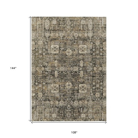 Homeroots 3' Artichoke Green & Ivory Oriental Washable Area Rug - Durable Indoor/Outdoor Design For Every Space 9' X 12' Polyester 579617