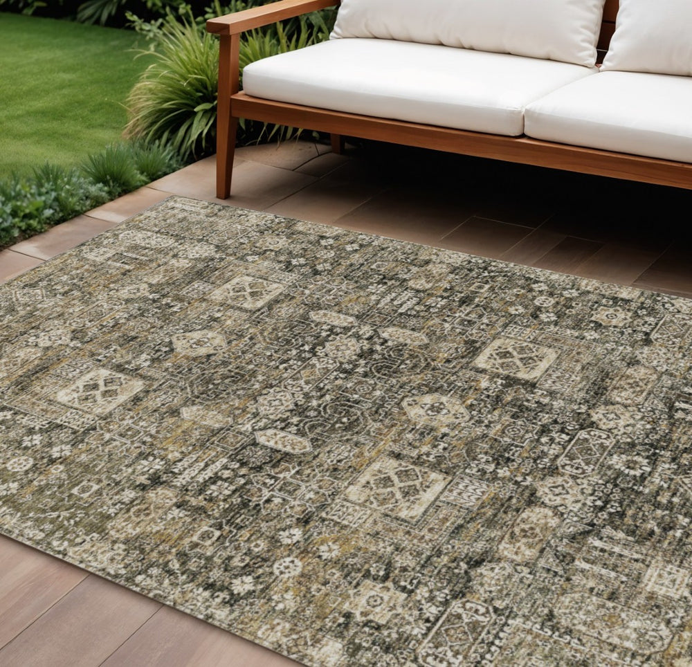 HomeRoots 5' Coffee and Beige Oriental Indoor Outdoor Area Rug - Durable, Washable, Stylish Design for Any Space 10' X 14' 579618