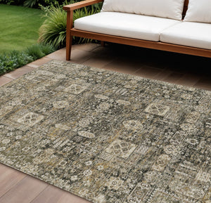 Homeroots 3' Artichoke Green & Ivory Oriental Washable Area Rug - Durable Indoor/Outdoor Design For Every Space 10' X 14' Polyester 579618