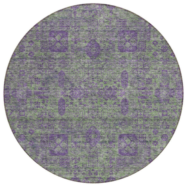 HomeRoots 5' Oriental Area Rug in Fern Green and Purple – Durable, Washable Design for Indoor or Outdoor Use 8' Round 579621