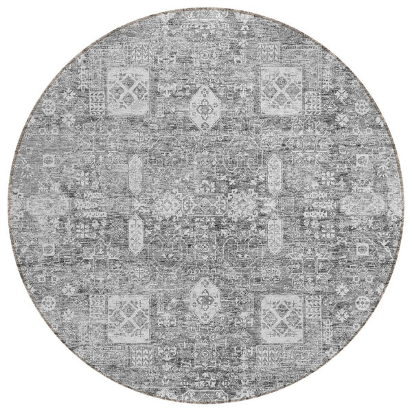 HomeRoots 5' Elegant Gray Silver Charcoal Oriental Area Rug - Durable, Washable Design for Indoor & Outdoor Use 8' Round 579627